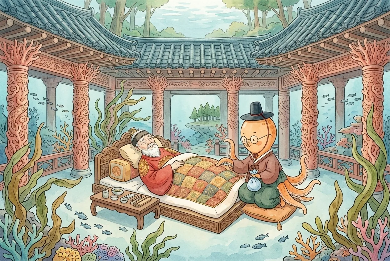 깊은 바닷속 용궁. 산호 기둥과 기와지붕 궁궐. 용왕이 비단 이불을 덮고 앓아누워 있다. 문어 의원이 맥을 짚는다. 무섭지 않게, 초등학생이 볼 수 있게. · P1.p1