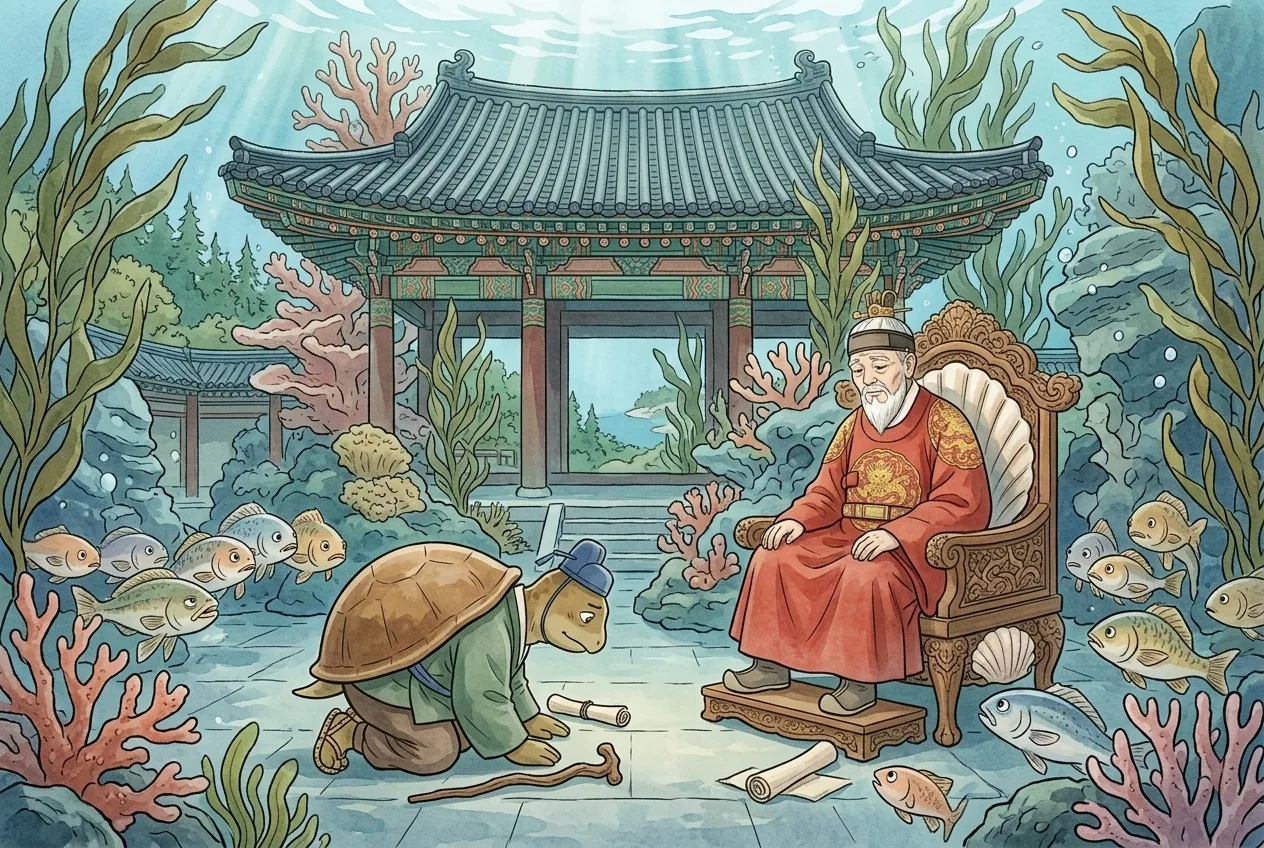 용궁 대청. 물고기 신하들이 서로 눈치만 본다. 자라가 앞으로 한 걸음 나와 엎드린다. · P2.p1