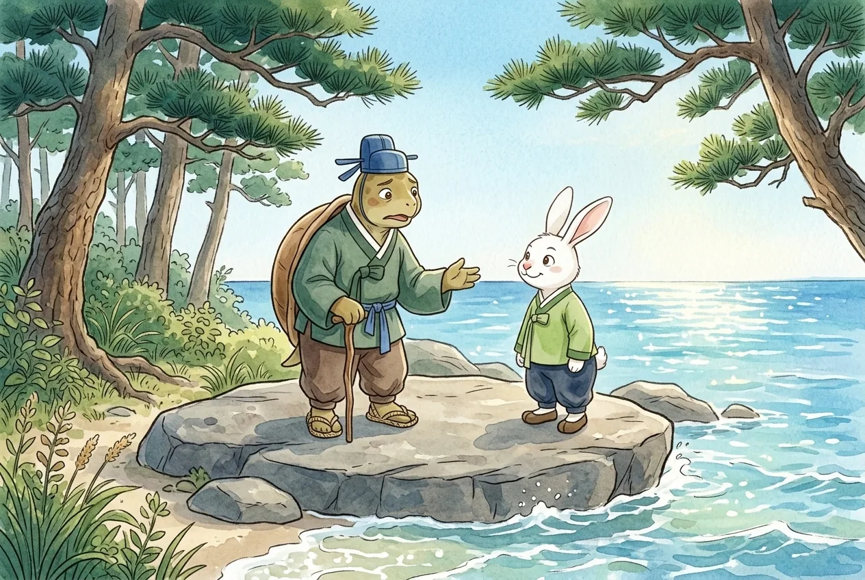바닷가 숲. 자라가 바위 위에서 토끼에게 손짓한다. 토끼가 귀를 쫑긋 세우고 듣는다. 햇살이 반짝인다. · P3.p1