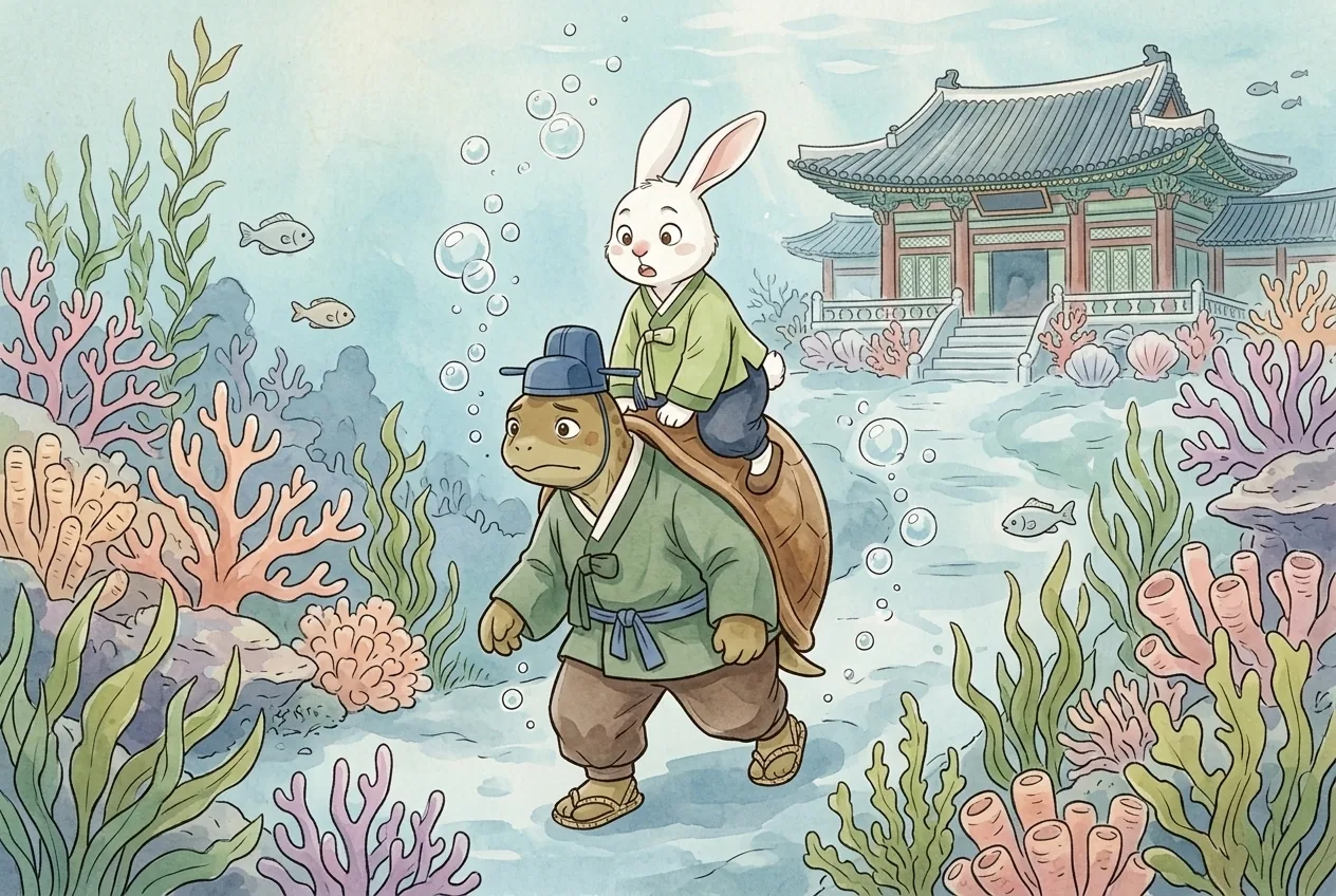 바닷속으로 내려가는 길. 토끼가 자라 등에 올라타 물방울 사이로 내려간다. 토끼 눈이 휘둥그레진다. · P4.p1
