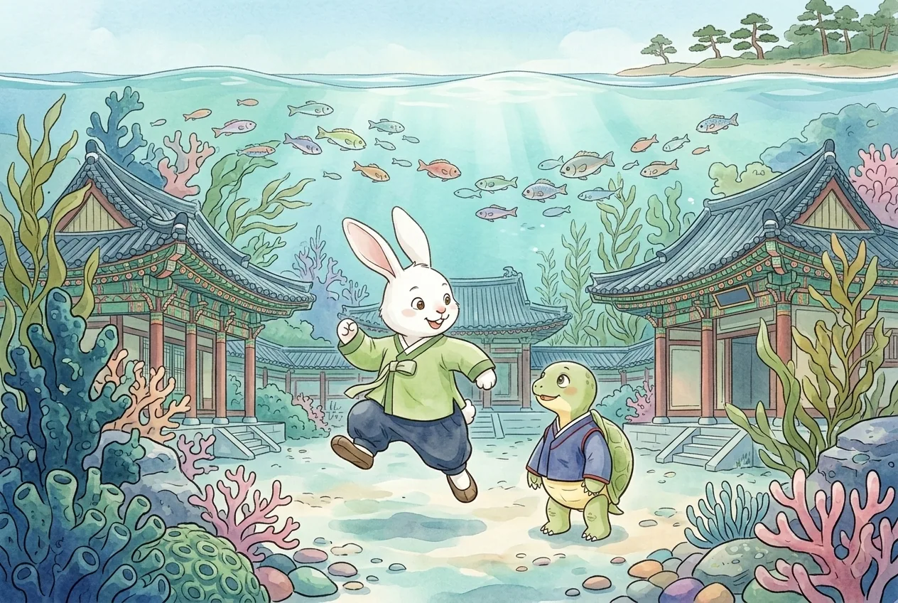 용궁 마당. 토끼가 산호와 물고기 떼를 보며 신나서 깡충거린다. 자롱이가 옆에서 웃는다. · S02.p1