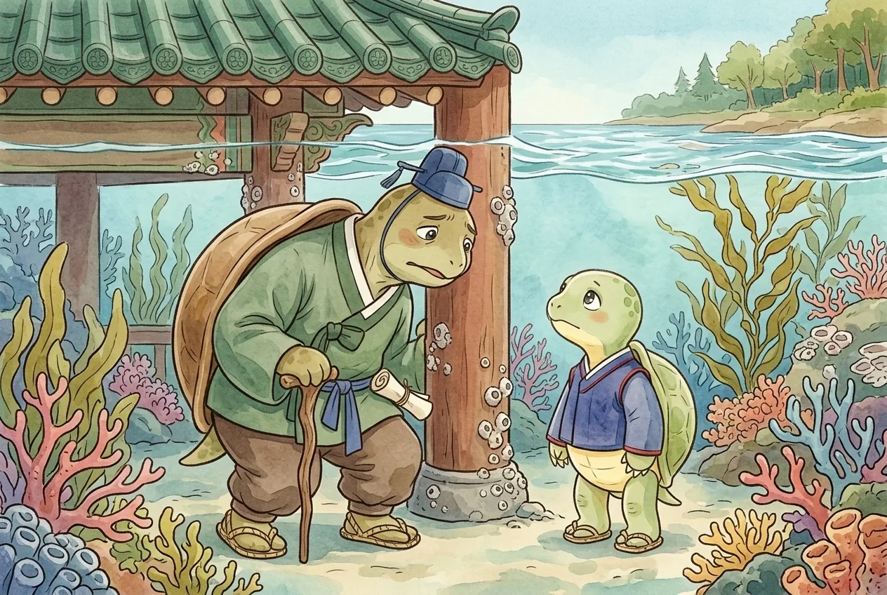 용궁 기둥 뒤. 아빠 자라가 자롱이를 불러 작게 말한다. 아빠 얼굴이 무겁다. · S03.p1